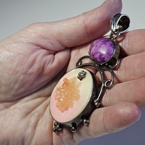 **Sale** Sterling Silver Mother Of Pearl And Purple Semiprecious Gemstone - Picture 3 of 10